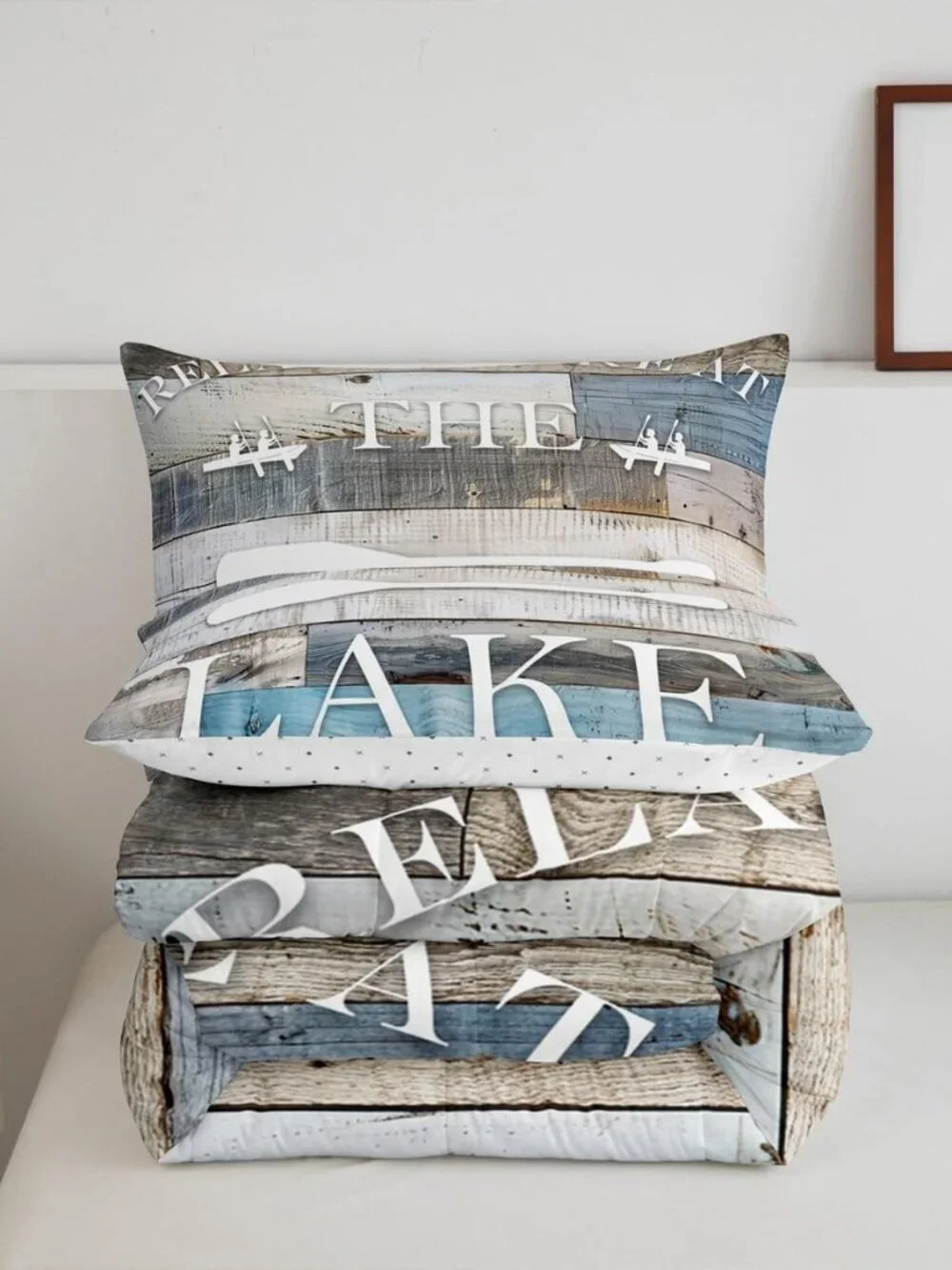 Rustic Farmhouse Comforter Set Lake Cabin Bedding Set King Size Blue Grey Retro